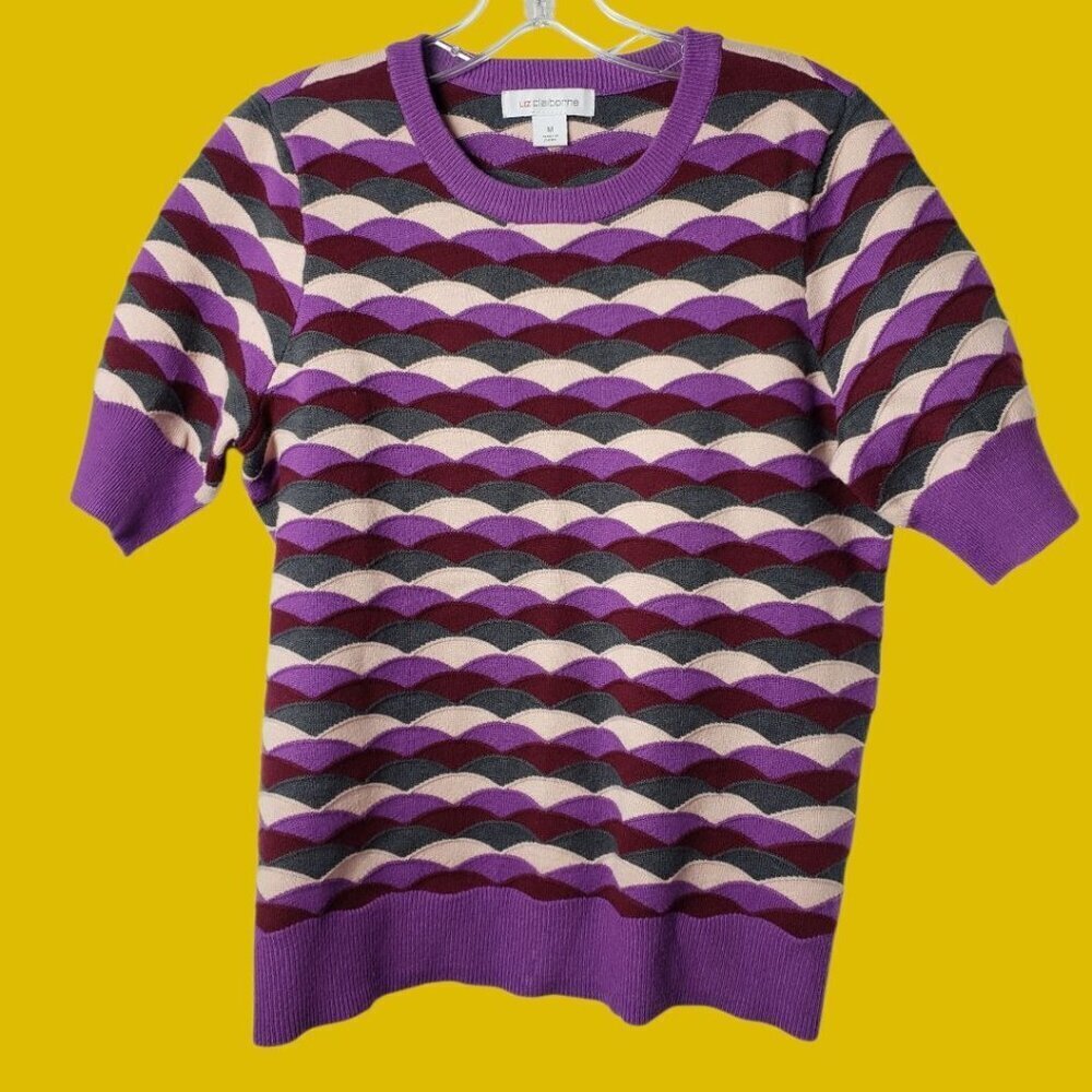 Liz Claiborne Womens Short-Sleeve Wave Pattern Knit Sweater Purple Medium